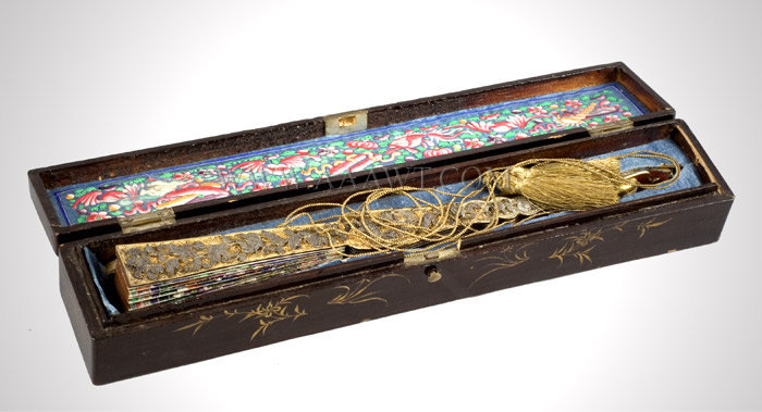 Chinese Export Fan in Lacquered Box, Landscape and Figures, Brilliant Color
Hand painted, carved wood, paper and silk, gilt decorated black lacquer, entire view